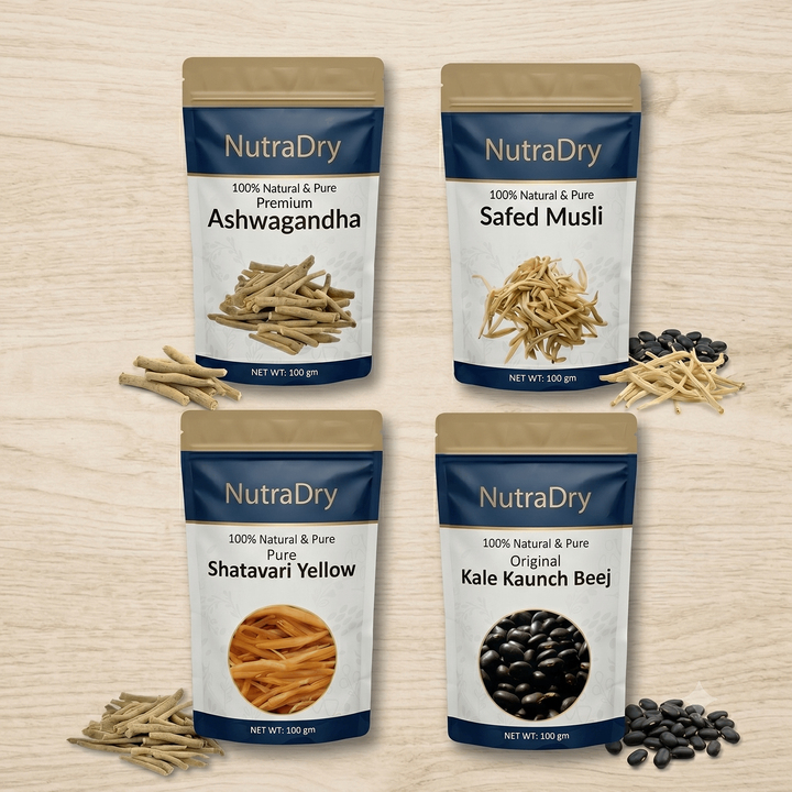 NutraDry Shakti Plus Combo (400g) – 100% Authentic Raw Herbs | Whole Ashwagandha, Shatavari Yellow, Safed Musli & Kale Kaunch Beej for Ultimate Vitality & Immunity